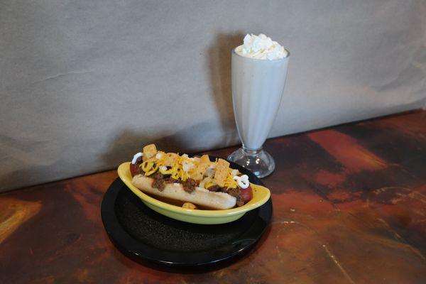 Big Deal Dog and Hand-dipped Chocolate Milkshake