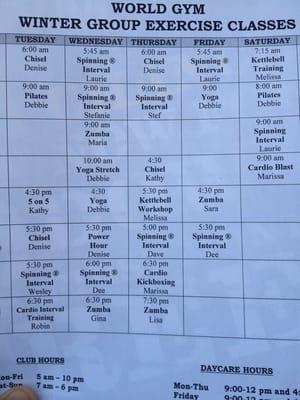 Winter class schedule