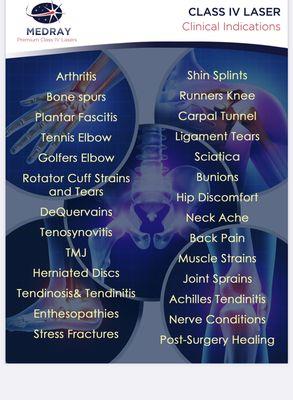 A quick list of conditions that our class IV laser methods will treat.