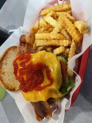Bacon cheeseburger and fries