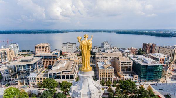 I have a drone and really enjoy photography. I took this picture of Lady Wisconsin atop the Capitol.