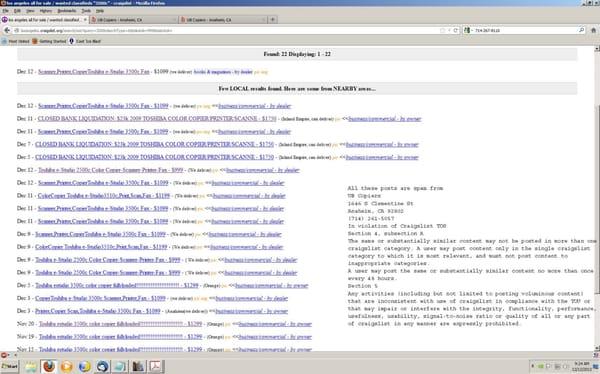 Proof of their spamming on Craigslist