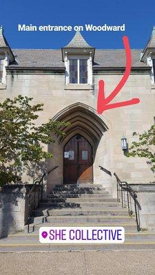 Main entrance on Woodward