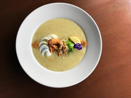 Arroz Caldo with Brown Butter Chicken, Hard Boiled Egg, Fried Garlic, Scallions