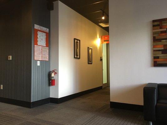 The first hall on the right and the first door on the left