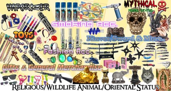Smoking Acc, Vaporizer, Detox, Extraction, Lighter, Knives, Water Pipes, Oil Rigs. Hand Pipes, Toys, Novelty, Fashion Acc, More