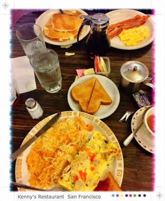 Kenny's Omelette & Pancake Special (2 pancakes, 2 eggs, 2 bacon (or sausage))!
