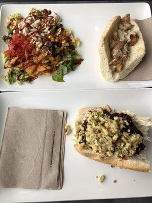 Bottom: the world famous thanksgiving sandwich: The Bobbie (served cold) Above: a chicken cheesesteak with salad (warm sandwich) April 2018