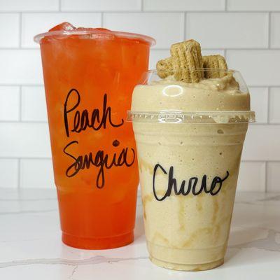 Peach Sangria sugar free loaded tea and Churro protein meal replacement shake