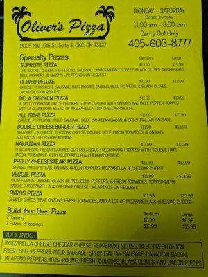 Front page of menu