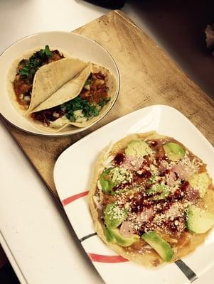 Tostadas and tacos de birria