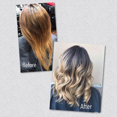 Color correction: from Brassy to beautiful blonde with shadow roots