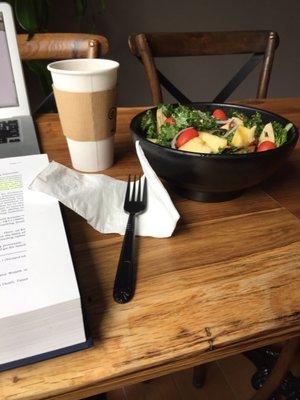 Medium coffee ($2.25) and kale salad ($10.50) before studying