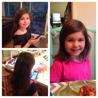Her hair before, and a couple days after being cut. She's really happy, and so are we (no more tangles!).