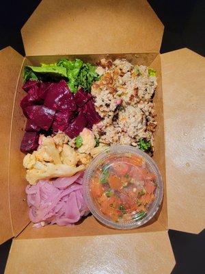 Wild Caught Tuna Paleo Platter minced tuna, Pico de Gallo, pickleonion,, beet, sweet potato roasted cauliflower, romaine (base) .