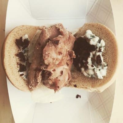 Fried Chicken Sandwich with Crispy Country Ham Crumble, Herb Mayo, and Iceberg Lettuce