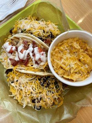 Three tacos - Veggie, southwest chicken, and chicken bacon ranch with Hashbrown Casserole.