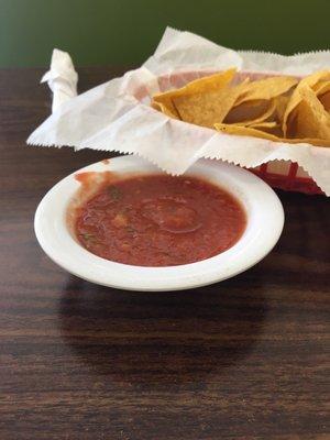 Homemade fresh salsa & chips. The best I've had! Sometimes it's a bit on the spicy side but I love it!