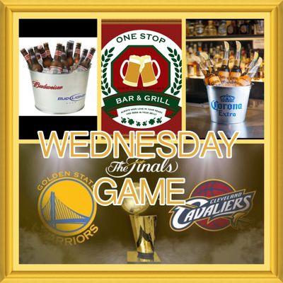 WEDNESDAY GAME 3 NBA FINALS @1stop_bar_and_grill #bucketspecials #bar #beer #jamicanfood #barhopping #barspecials THIS WEDNESDAY ‼