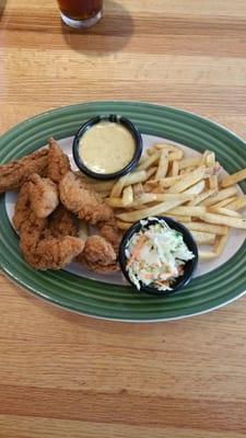Chicken Tenders Platter with fries, coleslaw.