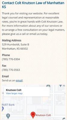 Screen shot of website contact info.