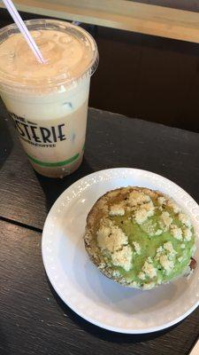 Pistachio muffin and an iced caramel latte