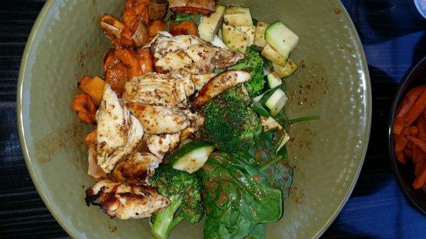 Create your own bowl: sweet potatoes, chicken, broccoli, spinach, zucchini, balsamic vinegar
