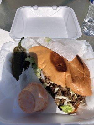 Burger and carnitas torta