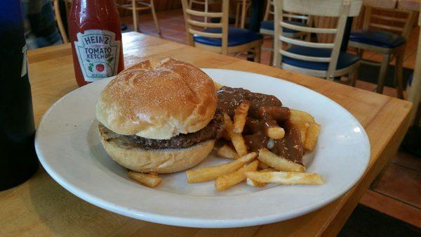 Burger with gravy fries