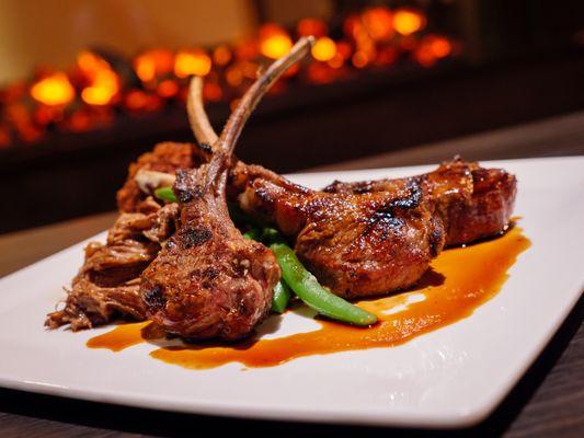 Lamb Chops with suppli, shoulder ragu, green beans, pea shoots & demi glace