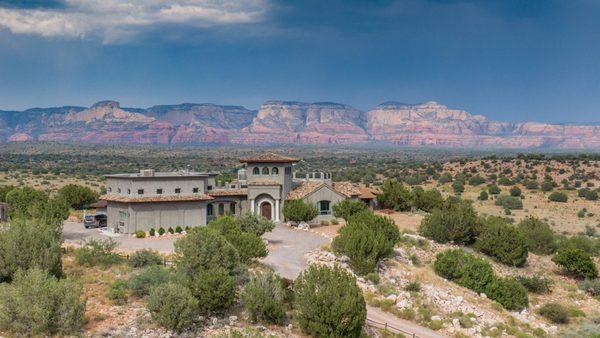 Aerial view of the Sanctuary from a distance, showing scenic surrounding area