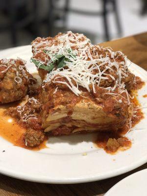 Special half lasagna, half baked spaghetti with meatballs.