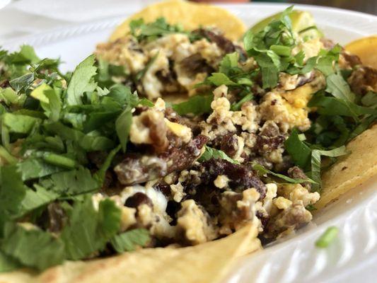Delicious egg, fajita w/ cilantro tacos on corn tortillas.