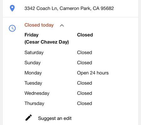 Glad to see the hours online are remotely close to the hours they have physically posted in front of the store.