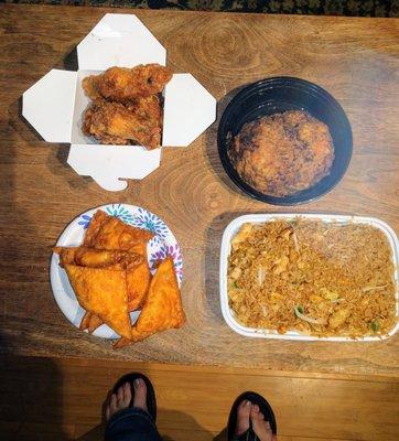 Chicken Wings, Egg Foo Young, Crab Rangoon and Chicken Fried Rice