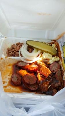 Sausage and brisket plate to go.