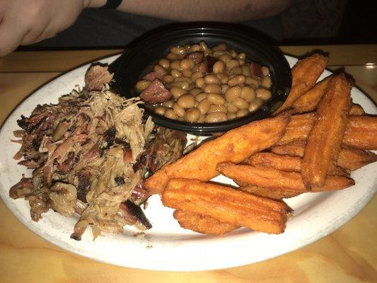 Pulled pork with baked beans and sweet potato fries