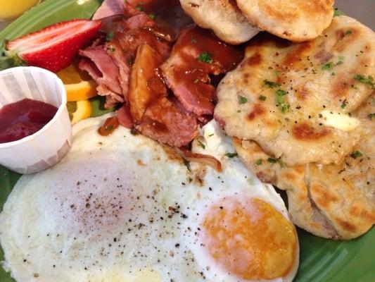 Carlton Farms ham and eggs with potato pancakes and melt-in-your-mouth biscuits.