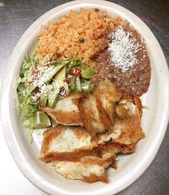 Grill chicken with rice and beans and salad with avocado and cheese $9.99