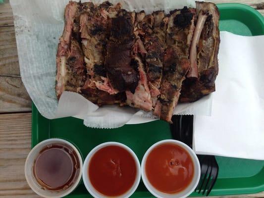 St. Louis style ribs. Full rack with Hoo's, sweet and heat sauces.
