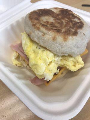 Whole wheat English Muffin, egg, ham and cheese! Yum-o.
