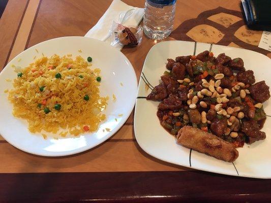 Kung Pow Chicken with fried rice and an egg roll.