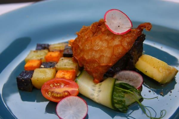 Braised beef cheeks, crispy honeycomb tripe, roasted fingerling, yam, and Peruvian potato