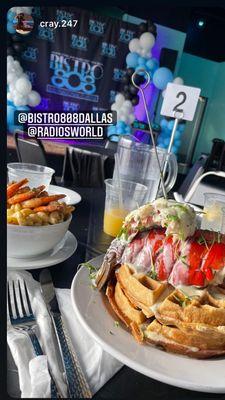 Lobster cornbread waffles with shrimp Mac and cheese