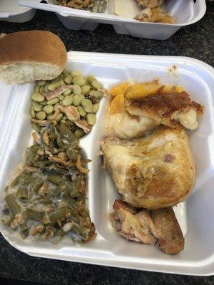 Baked chicken with a side of peach cobbler!