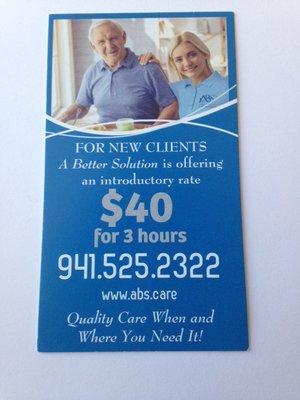 The card I used. Just call and reference the card for a 30% discount.