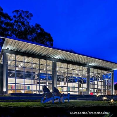 Barton Myers California home with three large Arm-R-Lite welded glass garage doors.