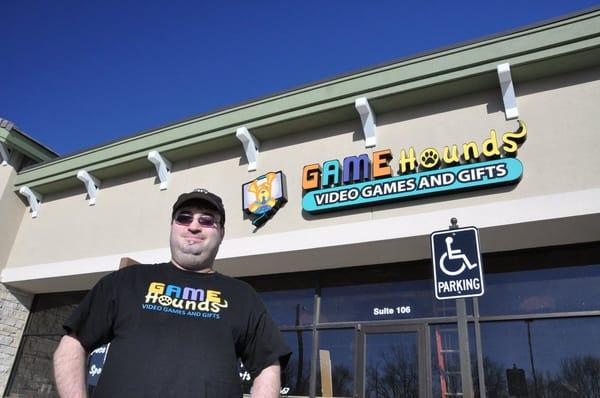 Owner Rusty Schroll in front of his store, Game Hounds Video Games & Gifts, on Fort Riley Boulevard in Manhattan, KS