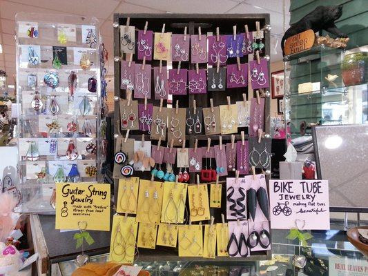 My ever changing display. I try to use upcycled materials to create unique pieces.