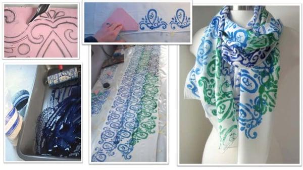 Sometimes I use a stamping technique, using stamps that I have hand-designed and carved. I mix the dye with powdered seaweed!